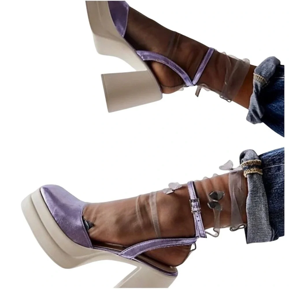 Free People Women Double Stacked Chunky Platform Leather‎ Mary Jane Purple sz 40